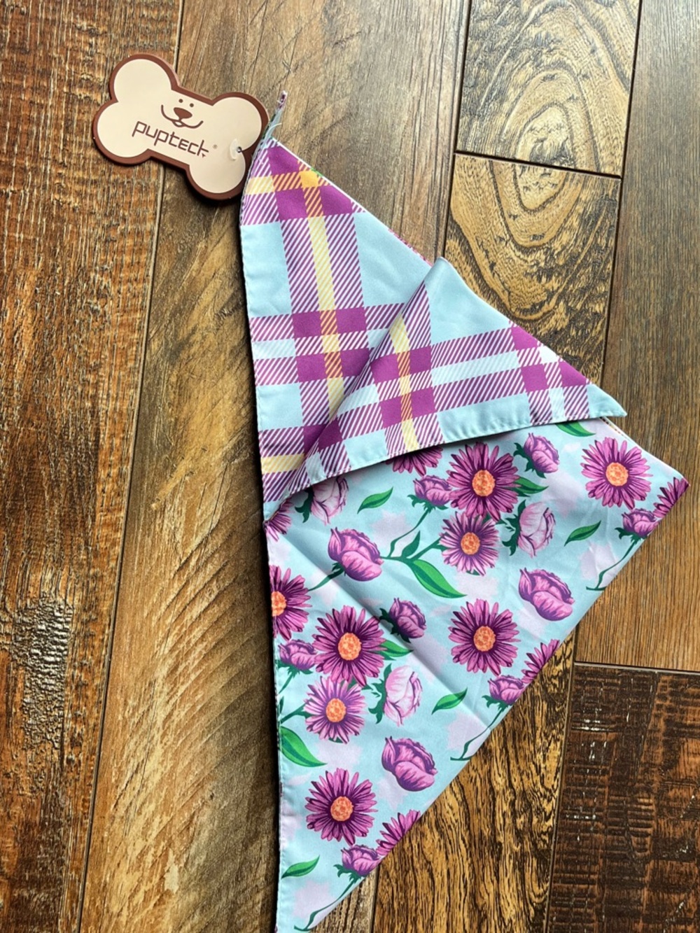 Reversible Floral & Plaid Dog Bandana - Purple on Light Blue